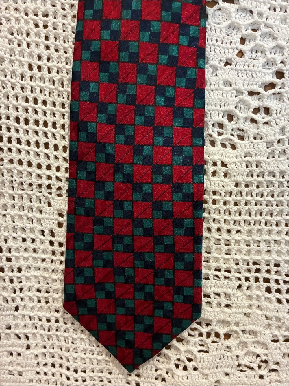 Vintage Christian Dior Monsieur Red and Green Patterned Tie Made in USA 1980s